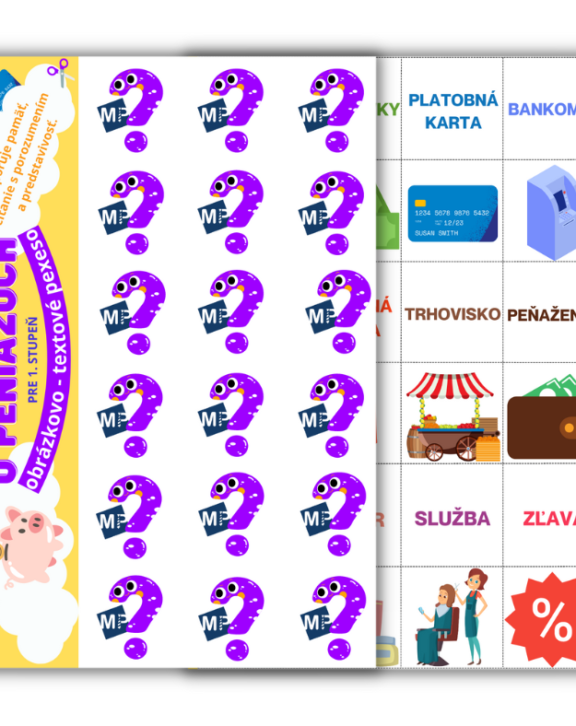 Gamifikácia vo vzdelávaní: Učme deti o peniazoch jednoducho a hravo či už doma, na vyučovaní alebo v školskom klube detí. Pripravili sme pre vekovú kategóriu detí na 1. stupni pexeso s obrázkami a pojmami zo sveta financií. Nie je to len také obyčajné pexeso - ide o obrázkovo - textovú hru. Dieťa nespája len rovnaké obrázky ako pri klasickej hre pexeso, musí spájať obrázky s pojmami. Čo všetko si dieťa precvičí? pamäť, čítanie s porozumením, komunikáciu, finančné pojmy, všímavosť, predstavivosť, tímovú spoluprácu. Dodanie: do 7 pracovných dní